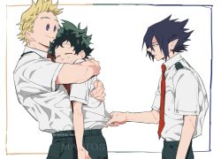 Rule 34 | 3boys, amajiki tamaki, artist name, black hair, blonde hair, blue eyes, boku no hero academia, cheek press, closed mouth, commentary request, closed eyes, freckles, green hair, green pants, hug, looking at another, male focus, mantos no.7, midoriya izuku, multiple boys, necktie, open mouth, pants, pointy ears, red necktie, school uniform, shirt, shirt grab, short hair, short sleeves, simple background, smile, sweat, thai commentary, togata mirio, u.a. school uniform, watermark, white background, white shirt, yaoi