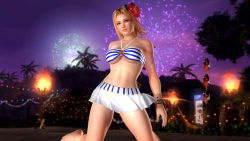 Rule 34 | 1girl, 3d, beach, bikini, blonde hair, blue eyes, bracelet, breasts, dead or alive, dead or alive 5, female focus, fireworks, flower, jewelry, large breasts, night, official art, skirt, solo, swimsuit, tina armstrong, torch