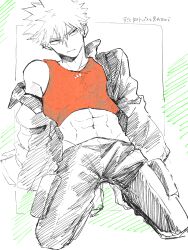 1boy abs bakugou_katsuki boku_no_hero_academia chikibo_dk crop_top highres jacket kneeling male_focus monochrome navel pants short_hair solo spiked_hair tank_top toned toned_male