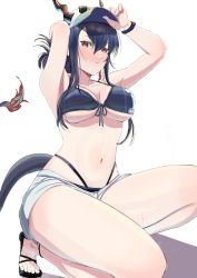 Rule 34 | 1girl, absurdres, arknights, armpits, arms up, bare arms, bare shoulders, baseball cap, bikini, black bikini, black footwear, breasts, cafenami, ch&#039;en (arknights), ch&#039;en the holungday (arknights), cleavage, commentary request, dragon horns, dragon tail, female focus, front-tie bikini top, front-tie top, hair between eyes, hat, highleg, highleg bikini, highres, horns, horns through headwear, kneeling, large breasts, navel, on one knee, short shorts, shorts, simple background, solo, stomach, swimsuit, tail, thighs, white background, white hat, white shorts
