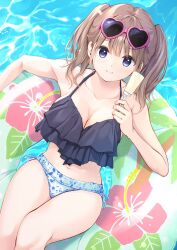 Rule 34 | 1girl, bikini, blue camisole, blue eyes, brown hair, camisole, eyewear on head, floral print, frilled camisole, frills, heart, heart-shaped eyewear, highres, holding food, holding popsicle, light blush, looking at viewer, navel, original, pasdar, popsicle, print innertube, side-tie bikini bottom, smile, solo, sunglasses, swimsuit, twintails, water