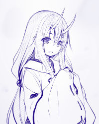 Rule 34 | 1girl, commentary request, grey background, hair between eyes, hands up, haryuu (poetto), highres, horns, japanese clothes, kimono, long hair, long sleeves, looking at viewer, monochrome, oni, oni horns, open mouth, ribbon-trimmed sleeves, ribbon trim, shuna (tensei shitara slime datta ken), simple background, sleeves past fingers, sleeves past wrists, smile, solo, tensei shitara slime datta ken, upper body, very long hair, wide sleeves
