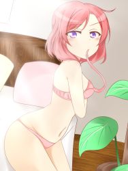 Rule 34 | 10s, 1girl, arm under breasts, bed, blush, bra, breasts, feitonokesin, highres, indoors, looking at viewer, love live!, love live! school idol project, medium breasts, mouth hold, navel, nishikino maki, panties, pink bra, pink panties, plant, purple eyes, red hair, short hair, solo, strap pull, underwear, underwear only, undressing, open bra