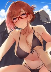 Rule 34 | 1boy, 1girl, 92m, absurdres, ahoge, aircraft, airplane, armpit crease, bare shoulders, bikini, black bikini, blue sky, blush, breasts, brown hair, cloud, collarbone, commentary request, contrail, folded ponytail, glasses, grabbing, grabbing another&#039;s breast, grabbing another's breast, guided breast grab, guiding hand, hand under clothes, hand under swimsuit, highres, holding another&#039;s arm, kinshi no ane (92m), large breasts, looking at viewer, navel, original, outdoors, pink eyes, pov, pov hands, red-framed eyewear, red hair, rock, short hair, sky, swimsuit, wet