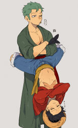 Rule 34 | ..., 2boys, akr29, bandana, bandana around arm, black bandana, black eyes, black hair, blue shorts, closed eyes, closed mouth, coat, crossed arms, earrings, facial scar, full body, green coat, green hair, grey background, haramaki, hat, hat on back, highres, jewelry, leg lock, long sleeves, looking down, male focus, monkey d. luffy, multiple boys, navel, one eye closed, one piece, open clothes, open shirt, pectoral cleavage, pectorals, red sash, red shirt, roronoa zoro, sandals, sash, scar, scar across eye, scar on cheek, scar on chest, scar on face, shirt, short hair, shorts, sideburns, simple background, single earring, speech bubble, spoken ellipsis, straw hat, thinking, toned, toned male, translated, upper body, yellow sash