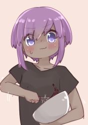 Rule 34 | 1girl, black shirt, blush, bowl, brown background, closed mouth, collarbone, dark-skinned female, dark skin, fate/prototype, fate/prototype: fragments of blue and silver, fate (series), hair between eyes, hassan of serenity (fate), highres, holding, holding bowl, i.u.y, looking at viewer, mixing bowl, purple eyes, purple hair, shirt, short sleeves, simple background, solo, upper body, wavy mouth, whisk
