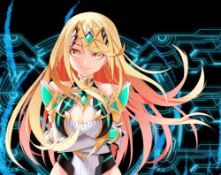 Rule 34 | 1girl, bare shoulders, blonde hair, breasts, chest jewel, cleavage, cleavage cutout, clothing cutout, dress, earrings, elbow gloves, gloves, highres, jewelry, large breasts, long hair, mythra (xenoblade), raynartfr, short dress, solo, swept bangs, tiara, very long hair, white dress, white gloves, xenoblade chronicles (series), xenoblade chronicles 2, yellow eyes