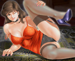 Rule 34 | 1girl, breasts, choker, cleavage, garter straps, high heels, lace, lace panties, large breasts, leg lift, legs, lupin iii, mine fujiko, one eye closed, panties, pantyshot, shoe soles, shoes, solo, spread legs, thighhighs, thighs, tms entertainment, toten (der fuhrer), underwear, upskirt, wink