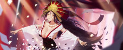 Rule 34 | 1girl, absurdres, arm tattoo, bead necklace, beads, black hair, blurry, blurry background, blurry foreground, breast tattoo, breasts, cleavage, confetti, detached sleeves, facial mark, fate/grand order, fate (series), headpiece, highres, himiko (fate), himiko (third ascension) (fate), jewelry, large breasts, long hair, looking at viewer, neck tattoo, necklace, ribbon-trimmed sleeves, ribbon trim, shenxiu, solo, tattoo, upper body, very long hair, wide sleeves, yellow eyes