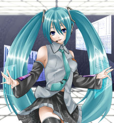 Rule 34 | 1girl, aqua hair, blue eyes, cardiogram, detached sleeves, hatsune miku, headset, hija, holographic interface, long hair, necktie, skirt, solo, thighhighs, twintails, very long hair, vocaloid
