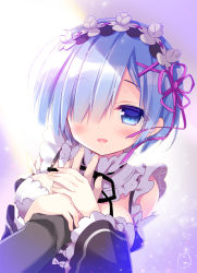 Rule 34 | 10s, 1girl, :d, blue eyes, blue hair, grabbing another&#039;s breast, breasts, commentary request, detached sleeves, grabbing, guided breast grab, guiding hand, hair ornament, hair over one eye, hand on another&#039;s chest, looking at viewer, maid, maid headdress, natsuki subaru, open mouth, purple ribbon, re:zero kara hajimeru isekai seikatsu, rem (re:zero), ribbon, sasai saji, short hair, smile, solo focus, x hair ornament