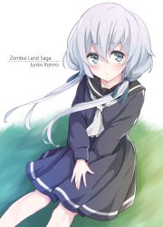 Rule 34 | 10s, 1girl, absurdres, alisia0812, blue eyes, blush, character name, copyright name, english text, highres, konno junko, long sleeves, looking at viewer, low twintails, pleated skirt, sailor collar, school uniform, silver hair, sitting, skirt, solo, text focus, twintails, zombie, zombie land saga
