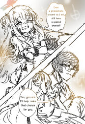 Rule 34 | 1boy, 1girl, absurdres, angel wings, blue archive, blunt bangs, bow, bowtie, capelet, carrying, commentary, crying, english commentary, english text, engrish text, feathered wings, glasses, greyscale, hair bun, halo, highres, long hair, looking at another, looking at viewer, mika (blue archive), monochrome, princess carry, ranguage, school uniform, sensei (blue archive), sesield, sidelocks, single side bun, sketch, wings
