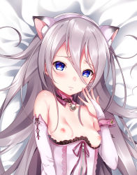 Rule 34 | 1girl, animal ears, bad id, bad pixiv id, bed sheet, bell, neck bell, blue eyes, breasts, bridal gauntlets, cat ears, collar, fake animal ears, from above, grey hair, hair between eyes, hairband, highres, kat (bu-kunn), long hair, looking at viewer, nipples, original, pink hairband, small breasts, solo, upper body, wrist cuffs
