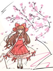 Rule 34 | 1girl, bow, brown hair, cherry blossoms, dress, flower, hair bow, hakurei reimu, highres, one-hour drawing challenge, pink flower, primsla, red dress, red eyes, red footwear, solo, solo focus, touhou, white background