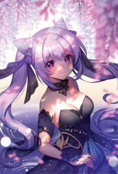 Rule 34 | 1girl, black dress, black ribbon, blush, commentary, cone hair bun, detached collar, double bun, dress, genshin impact, hair bun, hair ribbon, keqing (genshin impact), keqing (opulent splendor) (genshin impact), lens flare, petals, plant, purple eyes, purple ribbon, rewolf, ribbon, ripples, smile, solo, symbol-only commentary, twintails, water, wrist cuffs