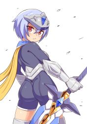 Rule 34 | 1girl, armor, ass, blush, bodysuit, breastplate, breasts, cougar (cougar1404), forehead protector, from behind, frown, gauntlets, looking at viewer, majin shoujo, purple hair, red eyes, scarf, shiny clothes, shiny skin, short hair, sideboob, simple background, solo, sword, unitard, verri, weapon, white background