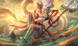 Rule 34 | 1girl, anklet, bracelet, brown eyes, cloud, dragon, dragon horns, eastern dragon, facial mark, flying, forehead mark, heavenscale janna, highres, holding, holding staff, horns, janna (league of legends), jewelry, league of legends, long hair, navel, official alternate costume, official alternate hairstyle, official art, outdoors, parted bangs, parted lips, pointy ears, sky, smile, solo, staff, stomach, sunlight, white hair