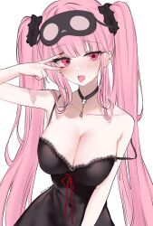 Rule 34 | 1girl, acedia, bare shoulders, black choker, black nightgown, breasts, choker, cleavage, collarbone, earrings, highres, hololive, hololive english, jewelry, large breasts, long hair, looking at viewer, mori calliope, mori calliope (sleepwear), nightgown, official alternate costume, phone, pink hair, red eyes, skull choker, skull collar, skull earrings, sleepwear, solo, tongue, tongue out, virtual youtuber, waking up