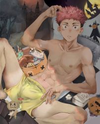 Rule 34 | 1boy, abs, boxer briefs, brown eyes, bulge, candy, closed mouth, cross, cross necklace, ezur3885, facial mark, food, halloween, highres, holding, holding jewelry, holding necklace, itadori yuuji, jewelry, unworn jewelry, jujutsu kaisen, looking at viewer, male focus, male underwear, navel, necklace, unworn necklace, nipples, pink hair, popcorn, thighs, toned, toned male, undercut, underwear, yellow male underwear