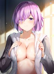 Rule 34 | 1girl, absurdres, areola slip, blurry, blurry background, blush, breasts, breasts squeezed together, cleavage, collarbone, eyes visible through hair, fate/grand order, fate (series), hair over one eye, highres, jacket, large breasts, light particles, looking at viewer, maeshimashi, mash kyrielight, no bra, purple eyes, purple hair, shiny skin, short hair, sidelocks, smile, solo, upper body, wet