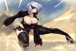 Rule 34 | 1girl, artist name, black forest cake, black thighhighs, blindfold, breasts, cake, cleavage, collarbone, commentary, dust, english commentary, floral print, food, full body, grey hair, high heels, large breasts, lips, long sleeves, nier (series), nier:automata, nier reincarnation, noxcuro, puffy long sleeves, puffy sleeves, shadow, short hair, shrug (clothing), solo, spread legs, squatting, thick thighs, thighhighs, thighs, torn clothes, 2b (nier:automata)