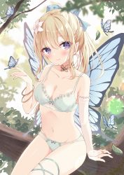 Rule 34 | 1girl, bangle, bare shoulders, blonde hair, blue bow, blush, bow, bow bra, bow panties, bra, bracelet, branch, breasts, butterfly wings, cleavage, closed mouth, collarbone, detexted, elbow gloves, fairy, flower, gloves, groin, hair between eyes, hair bow, hair flower, hair ornament, hand up, highres, hoshi (snacherubi), in tree, insect wings, jewelry, long hair, looking at viewer, medium breasts, melonbooks, navel, non-web source, original, panties, ponytail, purple eyes, single glove, sitting, smile, solo, third-party edit, tree, underwear, underwear only, white bra, white flower, white gloves, white panties, wings