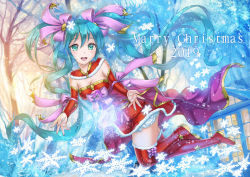 Rule 34 | 1girl, 2019, :d, aqua eyes, blue hair, blurry, blurry background, blush, boots, breasts, cleavage, crazypen, detached sleeves, english text, engrish text, floating hair, fur-trimmed skirt, fur boots, fur trim, hair between eyes, hatsune miku, long hair, long sleeves, looking at viewer, medium breasts, merry christmas, miniskirt, open mouth, outdoors, ranguage, red footwear, red skirt, red sleeves, skirt, smile, snowflakes, solo, strapless, thigh boots, thighhighs, tree, very long hair, vocaloid, zettai ryouiki
