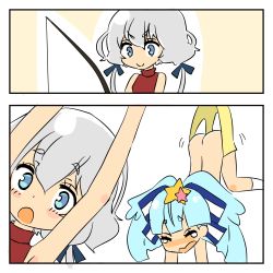 Rule 34 | 10s, 2girls, 2koma, accident, accidental exposure, arms up, ass, bare shoulders, blue eyes, blue hair, blush, blush stickers, bow, butt crack, closed eyes, comic, dutch angle, fishing rod, grey hair, hair bow, hair ornament, highres, hoshikawa lily, konno junko, long hair, motion lines, multiple girls, no panties, open mouth, shorts, smile, standing, star (symbol), star hair ornament, tekisui, upper body, upside-down, wedgie, zombie, zombie land saga