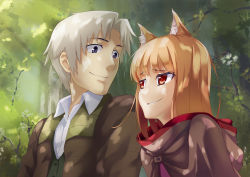 Rule 34 | 1boy, 1girl, absurdres, animal ears, aoi (buzhuen444), brown hair, craft lawrence, grin, highres, holo, red eyes, short hair, silver hair, smile, smirk, spice and wolf, tree, wolf ears