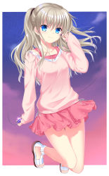 Rule 34 | 1girl, blue eyes, charlotte (anime), closed mouth, collarbone, commission, earphones, floating hair, full body, hair between eyes, hair ornament, highres, holding, long hair, long sleeves, looking at viewer, miniskirt, otou (otou san), pink skirt, pink sweater, ribbon, silver hair, skeb commission, skirt, smile, solo, sweater, tomori nao, very long hair, white ribbon