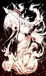 Rule 34 | 1girl, angry, arm belt, asutora, belt, black background, blunt bangs, bow, breasts, burning, commentary request, embers, fire, from side, fujiwara no mokou, hair bow, hands in pockets, head down, highres, impossible clothes, impossible shirt, long hair, long sleeves, looking down, looking to the side, low-tied long hair, medium breasts, monochrome, open mouth, profile, red eyes, shirt, sidelocks, simple background, solo, suspenders, taut clothes, taut shirt, touhou, upper body, v-shaped eyebrows, white bow, white hair, white shirt