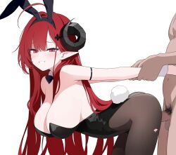Rule 34 | 1boy, 1girl, absurdres, ahoge, animal ears, arm grab, arm strap, armpits, ass, azur lane, backless leotard, bare arms, bare shoulders, bent over, black hairband, black leotard, bow, bowtie, breasts, brown pantyhose, cleavage, clothed female nude male, clothed sex, cowboy shot, curled horns, demon girl, demon horns, detached collar, doggystyle, erection, fake animal ears, fake tail, grabbing, grabbing from behind, grin, hair ornament, hairband, hairclip, hetero, highleg, highleg leotard, highres, hindenburg (azur lane), hindenburg (delirious duel) (azur lane), horns, jyt, large breasts, leotard, long hair, looking at viewer, male pubic hair, nude, official alternate costume, pantyhose, penis, playboy bunny, pointy ears, pubic hair, rabbit ears, rabbit tail, red eyes, red hair, sex, sex from behind, smile, solo focus, standing, strapless, strapless leotard, sweat, tail, torn clothes, torn pantyhose, very long hair, wrist cuffs