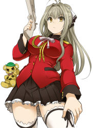 Rule 34 | 10s, 1girl, amagi brilliant park, antenna hair, breasts, brown hair, gun, large breasts, long hair, moffle, musket, omuraisu echizen, pleated skirt, ponytail, sento isuzu, simple background, skirt, solo, thighhighs, weapon, white background