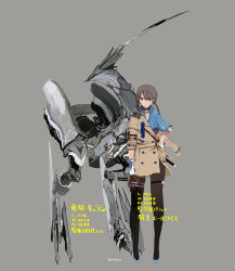 Rule 34 | 1girl, artist name, belt, black pantyhose, blue eyes, blue footwear, blue shirt, brown hair, choker, coat, creature, dagger, dragon, full body, gloves, grey background, hand on own hip, knife, off shoulder, original, pantyhose, puffy short sleeves, puffy sleeves, shirt, shoes, short hair, short sleeves, sidelocks, siirakannu, simple background, sleeves rolled up, slippers, solo, standing, stats, thigh strap, weapon, white gloves