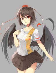 Rule 34 | adapted costume, black hair, black wings, clear echoes, collarbone, grey background, hat, highres, miniskirt, parted lips, pom pom (clothes), red eyes, shameimaru aya, shirt, short hair, short sleeves, simple background, skirt, solo, t-shirt, tokin hat, touhou, wings