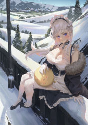 Rule 34 | 1girl, absurdres, apron, azur lane, belfast (azur lane), black footwear, blue eyes, breasts, cirilla lin, dress, highres, large breasts, long hair, looking at viewer, maid, maid apron, maid headdress, manjuu (azur lane), scenery, shoes, silver hair, sitting, smile, snowflake background, solo, thighhighs, white thighhighs, winter