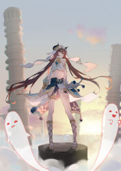 Rule 34 | 1girl, :d, absurdres, alternate costume, blurry, boo tao (genshin impact), brown hair, cloud, cloudy sky, commentary request, cosplay, dancer, depth of field, detached sleeves, fake horns, full body, genshin impact, ghost, gladiator sandals, hair between eyes, harem outfit, head tilt, headpiece, highres, horns, hu tao (genshin impact), jewelry, long hair, long sleeves, looking at viewer, navel, neck ring, nilou (genshin impact), nilou (genshin impact) (cosplay), open mouth, outdoors, qixia, red eyes, sandals, sidelocks, sky, smile, standing, stomach, toes, twintails, veil, wind