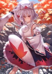 Rule 34 | 1girl, animal ear fluff, animal ears, arm up, autumn leaves, bare shoulders, black gloves, black skirt, blue sky, blurry, blurry background, blush, breasts, bridal gauntlets, commentary request, detached sleeves, feet out of frame, gloves, hat, highres, holding, holding shield, holding sword, holding weapon, ibuki notsu, inubashiri momiji, large breasts, leaf print, long sleeves, looking at viewer, outdoors, petticoat, pom pom (clothes), puffy short sleeves, puffy sleeves, red eyes, ribbon-trimmed sleeves, ribbon trim, rock, shield, shirt, short hair, short sleeves, sidelocks, silver hair, skirt, sky, smile, solo, standing, sword, tassel, tokin hat, touhou, tree, water, weapon, white shirt, wide sleeves, wolf ears