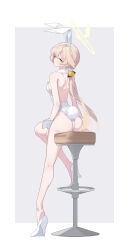 Rule 34 | 1girl, absurdres, alternate costume, animal ears, arume ad, ass, back, bar stool, bare legs, bare shoulders, blonde hair, blue archive, blush, bow, breasts, chair, fake animal ears, from behind, full body, grey background, hair ornament, hair ribbon, halo, hifumi (blue archive), high heels, highres, kneepits, legs, leotard, long hair, looking at viewer, looking back, playboy bunny, rabbit ears, rabbit tail, ribbon, shoes, sideboob, simple background, sitting, small breasts, solo, stool, tail, thighs, twintails, very long hair, white footwear, white leotard