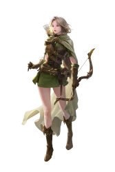 Rule 34 | 1girl, absurdres, arrow (projectile), belt, belt pouch, blonde hair, boots, bow (weapon), brown footwear, brown gloves, cloak, earrings, elf, eyelashes, fantasy, gem, gloves, green cloak, grey background, high heel boots, high heels, highres, holding, holding weapon, hood, hood down, hooded cloak, jewelry, lizchief, long eyelashes, original, parted lips, pink lips, pointy ears, pouch, purple eyes, quiver, short hair, signature, simple background, solo, turtleneck, weapon