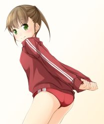 Rule 34 | 1girl, arms behind back, ass, brown hair, buruma, from behind, green eyes, gym uniform, jacket, leaning forward, long hair, looking back, original, ponytail, shibacha (shibacha 0728), simple background, smile, solo, track jacket, white background