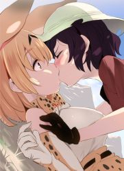 Rule 34 | 10s, 2girls, animal ears, black hair, blonde hair, blush, breasts, bucket hat, cat ears, commentary request, closed eyes, girl on top, gloves, hat, highres, kaban (kemono friends), kemono friends, kiss, large breasts, multiple girls, noripachi, ribbon, serval (kemono friends), serval print, short hair, skirt, smile, surprised, sweat, tail, wide-eyed, yellow eyes, yuri