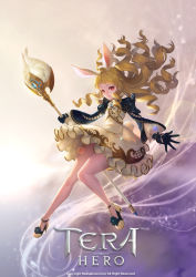 Rule 34 | 1girl, absurdres, animal ears, black gloves, blonde hair, copyright name, curly hair, dress, elin, full body, gloves, high heels, highres, knees together feet apart, legs, long hair, pjman, rabbit ears, rabbit tail, red eyes, shoes, smile, solo, staff, tail, tera online, thighs, weapon, white dress, wind, wind lift