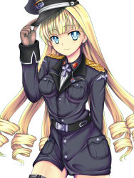Rule 34 | 1girl, belt, blonde hair, blue eyes, daiteikoku, drill hair, gloves, hat, long hair, looking at viewer, military, military hat, military uniform, retia adolf, simple background, smile, solo, tsukigano, uniform, white background