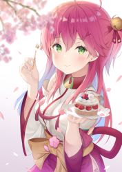 Rule 34 | 35p (sakura miko), ahoge, bell, blush, branch, cake, cat, cherry blossoms, food, fork, green eyes, hair bell, hair between eyes, hair ornament, hairclip, hatsuki kaname, hololive, looking at viewer, petals, pink hair, plate, sakura miko, sakura miko (1st costume), solo, virtual youtuber, x hair ornament
