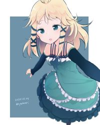 Rule 34 | 1girl, black bullet, blonde hair, blue eyes, breasts, dated, detached sleeves, dress, hair ornament, long hair, looking at viewer, open mouth, ryannari, small breasts, solo, tina sprout, twitter username, x hair ornament