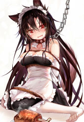 Rule 34 | 1girl, @ @, alternate costume, animal ears, apron, arms behind back, bare shoulders, bdsm, black dress, blush, boned meat, breast bondage, breasts, brown hair, chain, chain leash, cleavage, collar, collarbone, commentary request, dress, drooling, efe, elbow gloves, enmaided, food, frilled apron, frills, gloves, head tilt, highres, imaizumi kagerou, large breasts, leash, long hair, looking at viewer, maid, maid headdress, meat, no shoes, partial commentary, red collar, red eyes, rope, shadow, simple background, sitting, slave, solo, strapless, strapless dress, tail, tears, touhou, very long hair, viewer holding leash, wariza, white apron, white background, white gloves, wolf ears, wolf tail