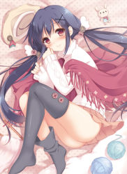 Rule 34 | 1girl, aran sweater, ass, bad id, bad pixiv id, black hair, black thighhighs, blush, buttons, cable knit, hair ornament, hat, knitting needle, long hair, looking at viewer, low twintails, lying, needle, on side, original, pan (mimi), pleated skirt, polka dot, red eyes, shawl, skirt, smile, solo, string, stuffed animal, stuffed rabbit, stuffed toy, sweater, thighhighs, thighhighs pull, twintails, unmoving pattern, unworn hat, unworn headwear, very long hair, x hair ornament, yarn, yarn ball