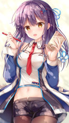 Rule 34 | 1girl, :d, azur lane, bad id, bad pixiv id, bare shoulders, black shorts, blue hair, blue jacket, blush, breasts, brown eyes, brown pantyhose, bubble tea, commentary request, covered erect nipples, cowboy shot, crop top, detached collar, drinking straw, hair ornament, hairclip, half updo, hands up, highres, holding, jacket, long hair, long sleeves, looking at viewer, medium breasts, midriff, mullany (azur lane), navel, necktie, off shoulder, open clothes, open jacket, open mouth, pantyhose, red necktie, shirt, short shorts, shorts, sidelocks, sleeveless, sleeveless shirt, smile, solo, sousouman, spaghetti strap, stomach, white shirt, wing collar, zipper, zipper pull tab